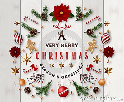 Typographic composition of christmas Postcard with vintage label and Christmas wishes decorated with Festive Elements. Vector Illustration