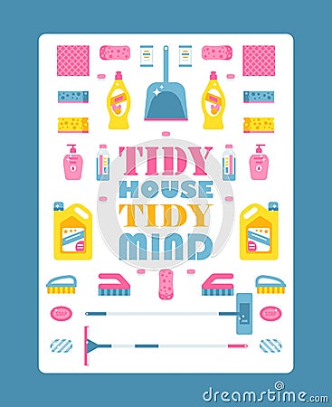 Typographic poster with isolated icons of cleaning products, vector illustration. Motivational text tidy house tidy mind Vector Illustration