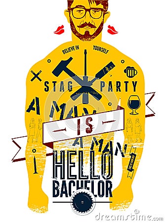 Typographic poster for stag party Hello Bachelor! with tattooed body of a man. Vector illustration. Vector Illustration