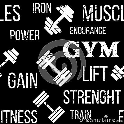 Typographic vector fitness gym seamless pattern or background. Fitness design elements, gym label dumbbell Vector Illustration