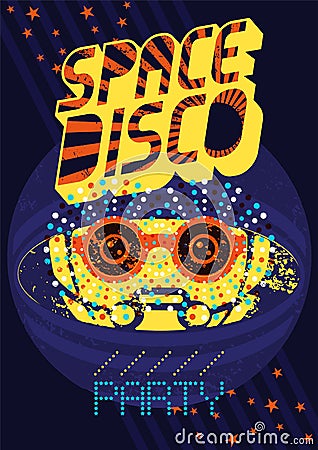 Typographic vintage Space Disco Party poster design. Retro vector Vector Illustration
