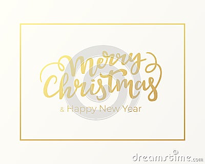Typographical festive greeting postcard design for Christmas and New Year. Winter holidays card with golden frame and lettering on Vector Illustration