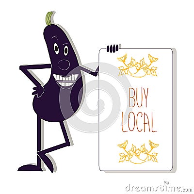 Typography banner Bay local with smiling eggplant on white Vector Illustration