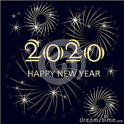 Typography banner gold Happy New Year 2020, congratulation card on on black stock vector illustration design Vector Illustration