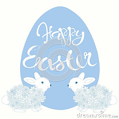 Typography banner Happy Eastern, blue egg and Easter bunny on white Vector Illustration