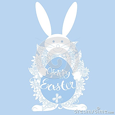 Typography banner Happy Eastern, blue egg and white Easter bunny on blue Vector Illustration