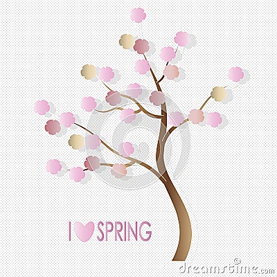 Typography banner I love spring. The tree has a brown trunk, pink flowers, heart, gray shadows, on a white and black dot backgroun Vector Illustration