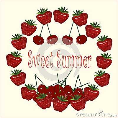Typography banner Sweet Summer. Strawberries chaplet, cherries on light background Vector Illustration