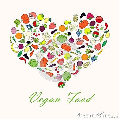 Typography banner Vegan Food. Shape heart from line colorful fruit and vegetables Vector Illustration