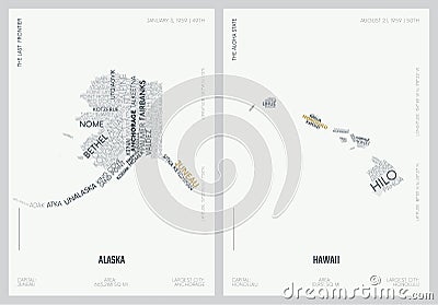 Typography composition of city names, silhouettes maps of the states of America, vector detailed posters, Division Pacific - Vector Illustration