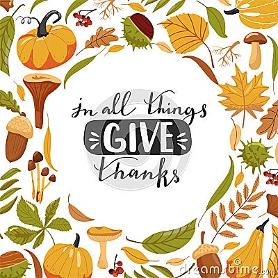 Typography composition for Thanksgiving Day. Autumn leaves, pumpkin, chestnut, acorn, mushroom and lettering. Vector Illustration