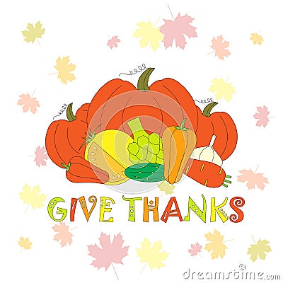 Typography flat design banner Give thanks for Thanksgiving day with vegetables Vector Illustration