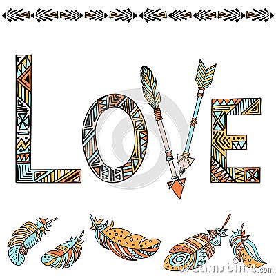 Typography poster lettering love and ethnic patterns. Vector Illustration