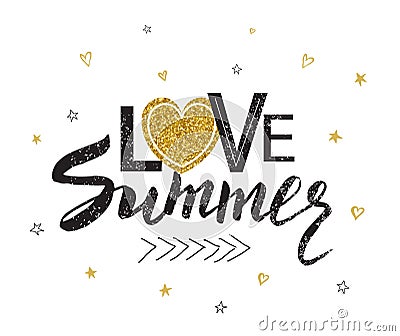 Typography poster with lettering - Love summer. Can be printed on T-shirts, bags, posters, invitations, cards, phone Vector Illustration