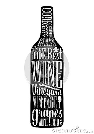 Typography poster lettering text in silhouette Wine bottle. Vintage vector engraving illustration. Advertising design Vector Illustration