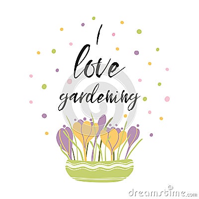 I love gardening phrase decorated flower bouquet crocuses in pot Vector inspirational phrase Cartoon Illustration