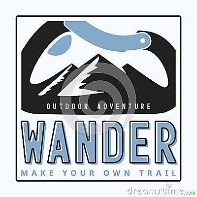 typography slogan wander outdoor adventure with carabiner and alpine mountain silhouette inside background illustration for T- Cartoon Illustration