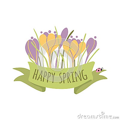 Vector spring quote Happy Spring on the green ribbon with spring flowers crocuses Vector Illustration