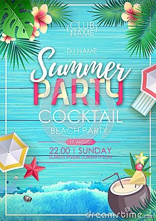 Typography summer beach cocktail party poster on wooden grunge background with tropic leaves Vector Illustration