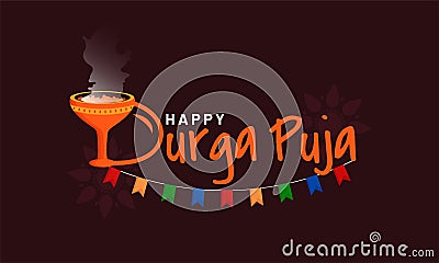 Typography text on indian festival of durga puja with Dhunuchi element and decorative background with mandala Vector Illustration