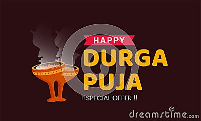 Typography text on sale of indian festival of durga puja with Dhunuchi Vector Illustration