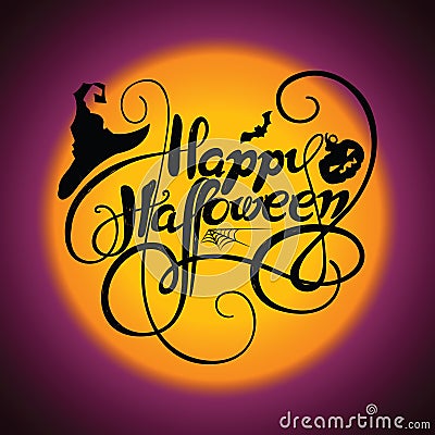 Typography vector illustration. Happy Halloween with cobweb, bat, pumpkin and witch hat Vector Illustration