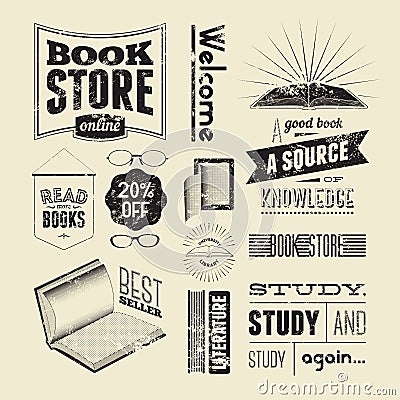 Typography vector set of vintage design elements for bookstore or library. Vector Illustration