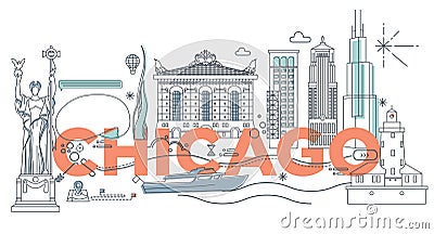 Typography word Chicago branding technology concept. Collection of flat vector web icons. American culture travel set, Stock Photo