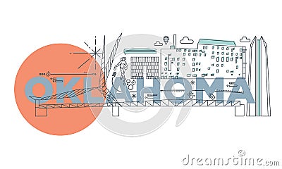 Typography word Oklahoma branding technology concept. Collection of flat vector web icons. American culture travel set, Stock Photo