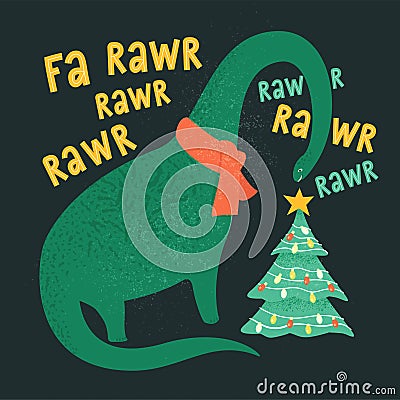 Tyrannosaurus Christmas Tree Rex Card. Dinosaur in Santa hat decorates Christmas tree garland lights. Vector Vector Illustration