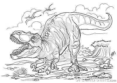 Tyrannosaurus. Dinosaur coloring page for children and adults, hand drawn illustration. A4 size. Design for wallpapers Vector Illustration