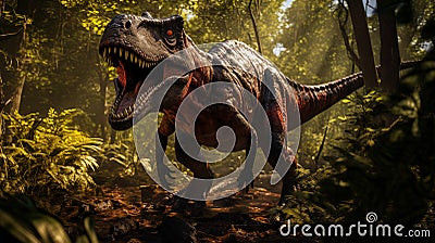 Tyrannosaurus rex from ancient predatory prehistoric period in jungle. Generative AI Stock Photo