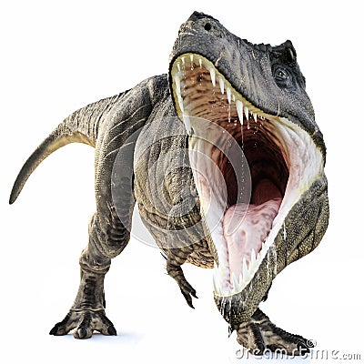 A Tyrannosaurus Rex attack on an isolated white background . Stock Photo