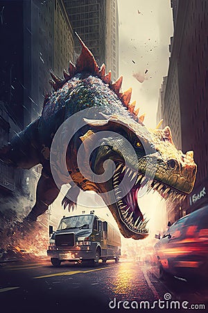 Tyrannosaurus Rex dinosaur. Destruction of city street. Dangerous monster attacks. 3D Prehistoric mayhem. Stock Photo