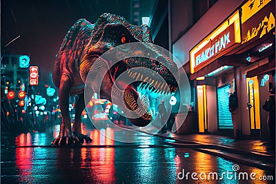 Tyrannosaurus Rex Dinosaur roaring in city at night Stock Photo