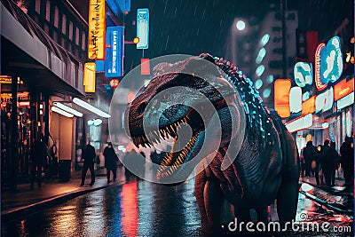 Tyrannosaurus Rex Dinosaur roaring in city at night Stock Photo