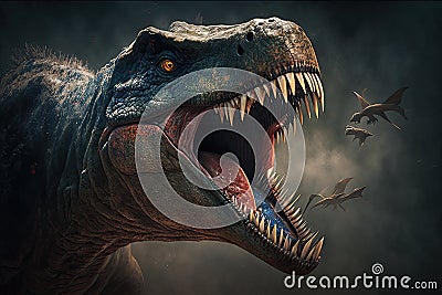 tyrannosaurus rex, looming over its prey with jaws open in deadly attack Stock Photo