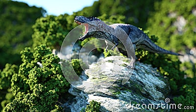 Tyrannosaurus Rex on the rocky cliffs. prehistoric nature. 3d rendering. Stock Photo