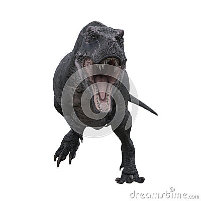 Tyrannosaurus Rex runing towards the camera aggressively with mouth open, 3D illustration isolated on white background Cartoon Illustration