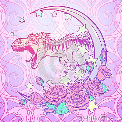 Tyrannosaurus roaring with moon and roses frame Vector Illustration