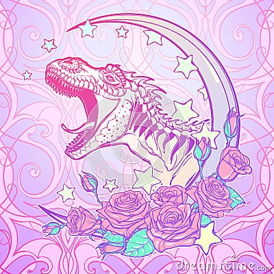 Tyrannosaurus roaring with moon and roses frame Vector Illustration