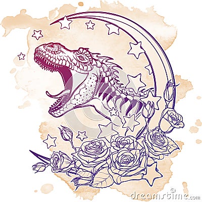 Tyrannosaurus roaring with moon and roses frame on grunge background Vector Illustration