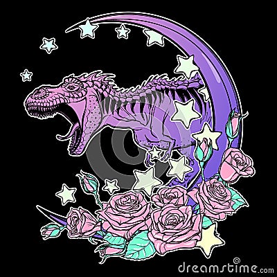 Tyrannosaurus roaring with moon and roses frame isolated on black Vector Illustration