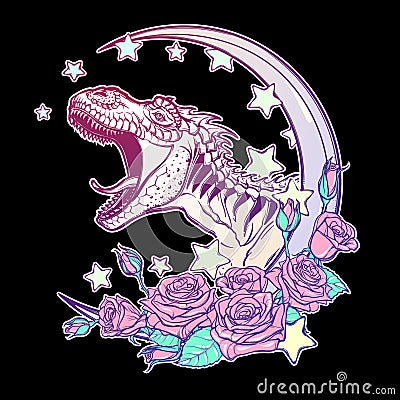 Tyrannosaurus roaring with moon and roses frame isolated on black Vector Illustration