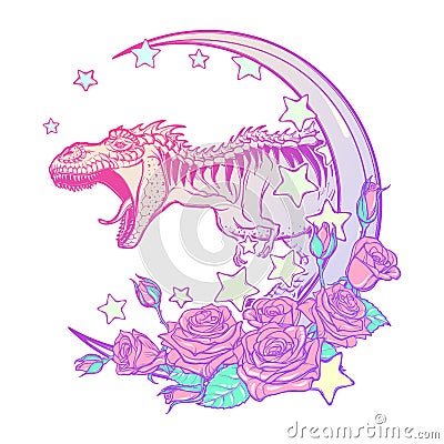 Tyrannosaurus roaring with moon and roses frame isolated on white Vector Illustration