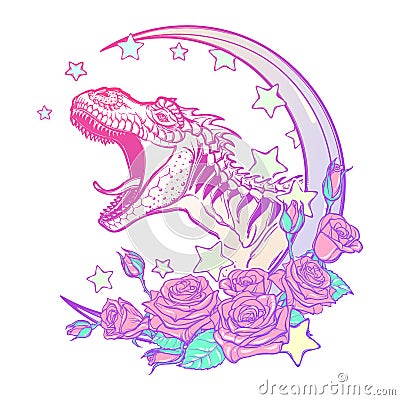 Tyrannosaurus roaring with moon and roses frame on white Vector Illustration