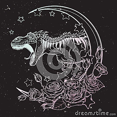 Tyrannosaurus roaring sketch on nightsky background Vector Illustration