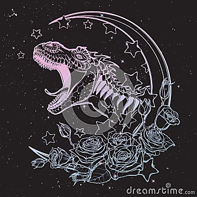 Tyrannosaurus roaring sketch on nightsky background Vector Illustration