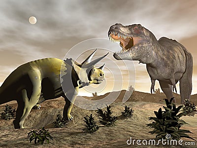 Tyrannosaurus roaring at triceratops - 3D render Stock Photo