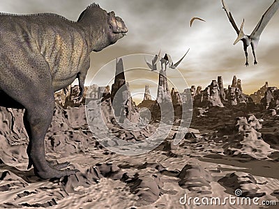 Tyrannosaurus running to pteranodons - 3D render Stock Photo